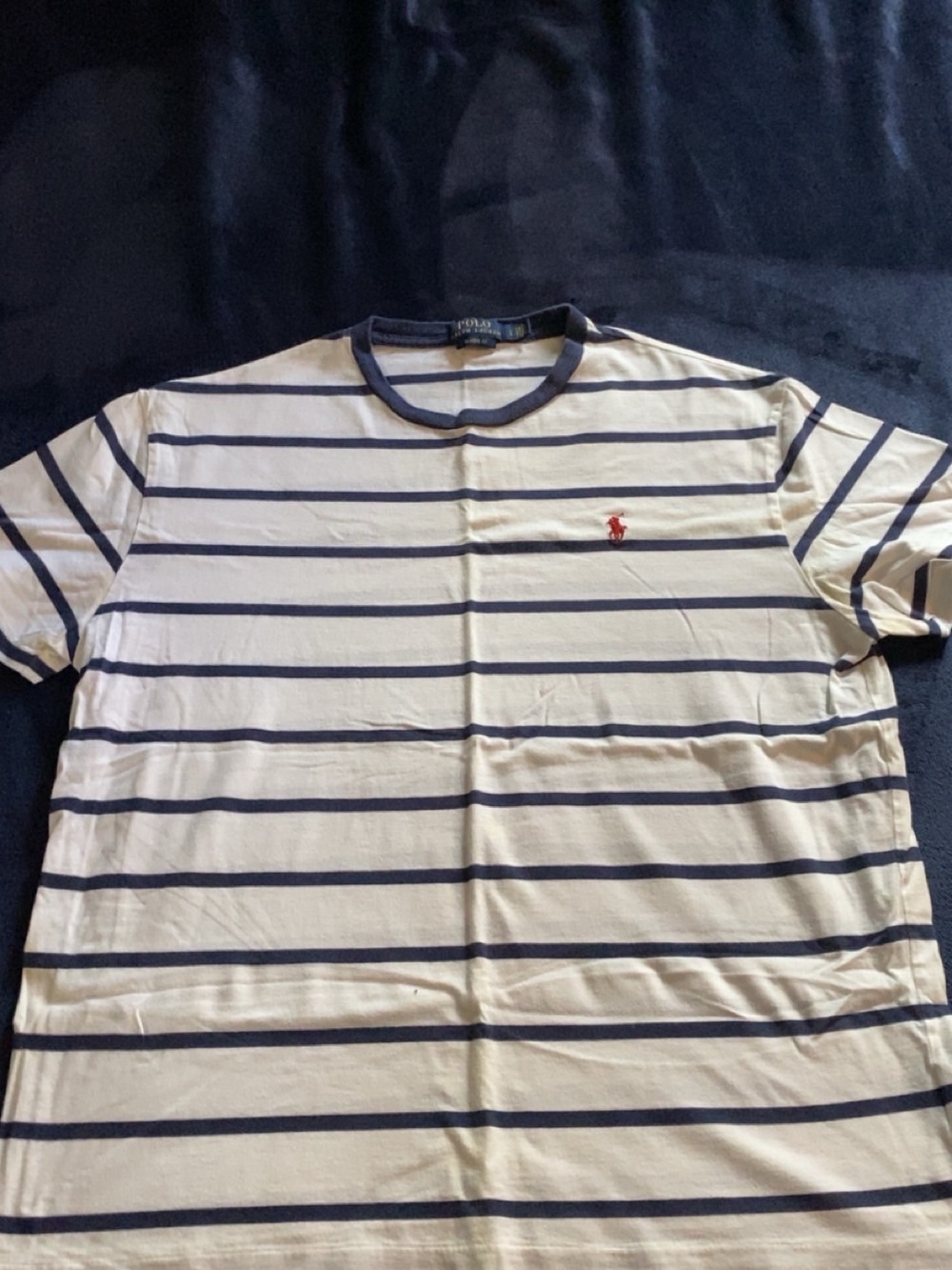 Polo by Ralph Lauren Cream and Navy Striped Crewneck Tee with Red Pony